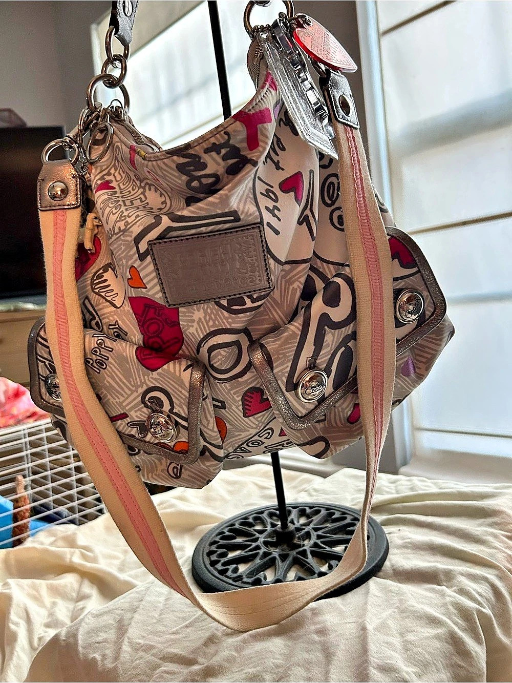 Coach Poppy Graffiti Double Flap Pocket Hobo Bag in Pink & Gray